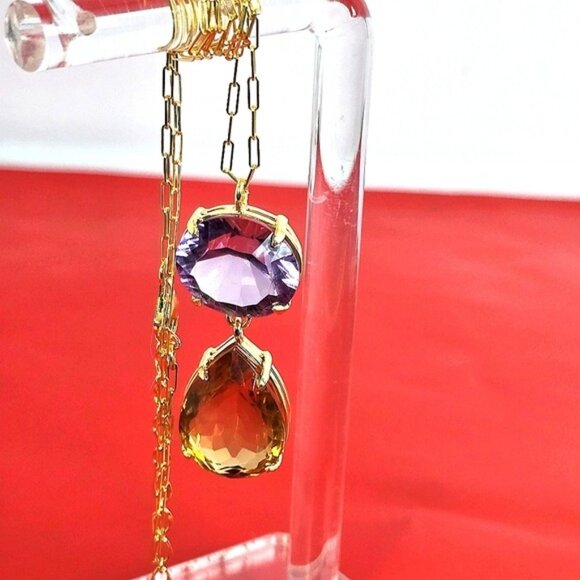 925 Sterling Silver Necklace 14K Gold Pl with Natural Amethyst & Honey Quartz - Picture 2 of 12